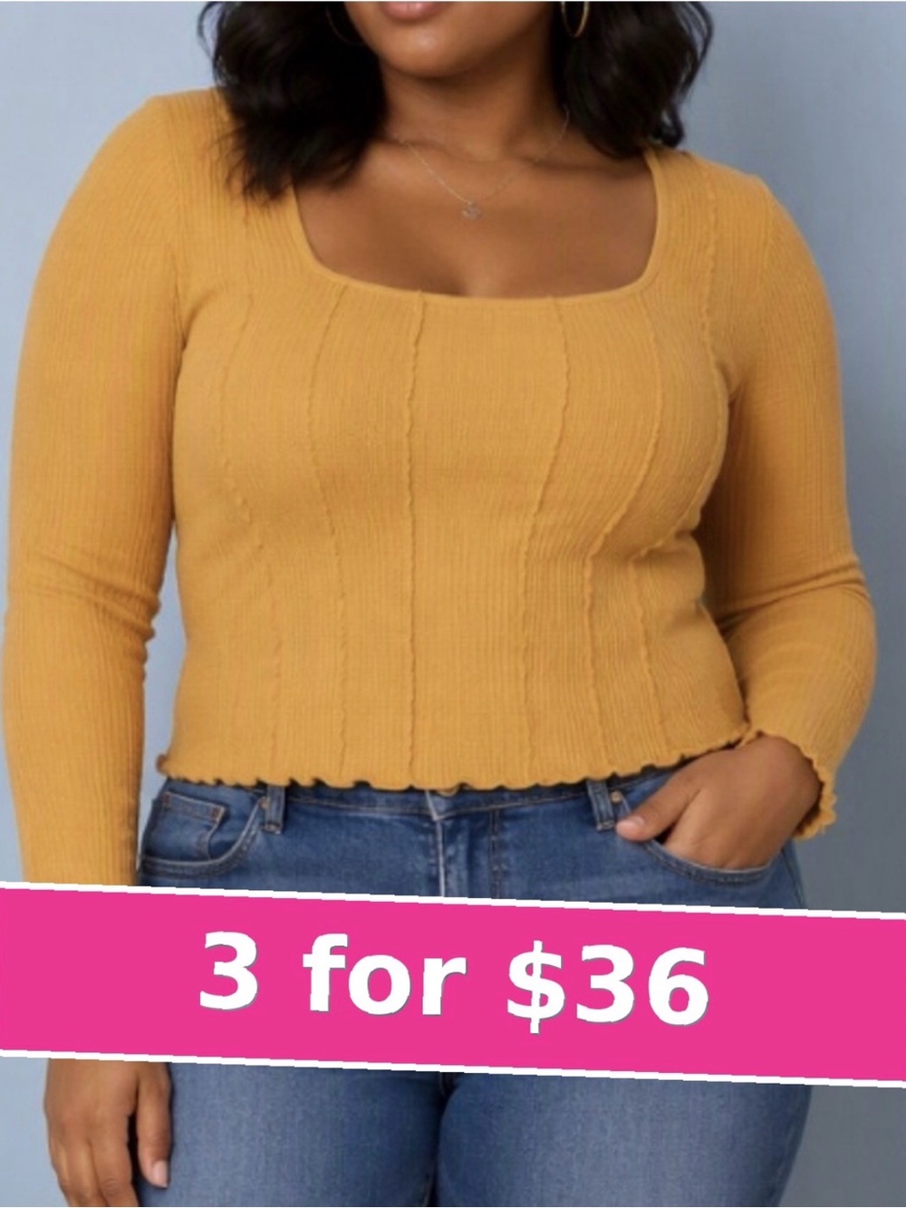 Mustard Long Sleeve Waffle Top